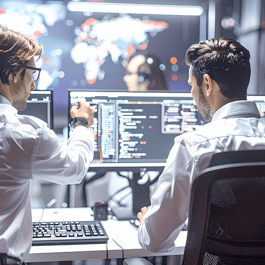 Two people in white shirts analyze data and code related to Identity & Access Management on computer monitors in a modern office, with a world map displayed on a screen in the background.