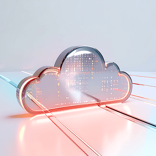 A metallic cloud-shaped object with circuit patterns inside, symbolizing cloud security, illuminated by colorful light streaks on a reflective white surface.