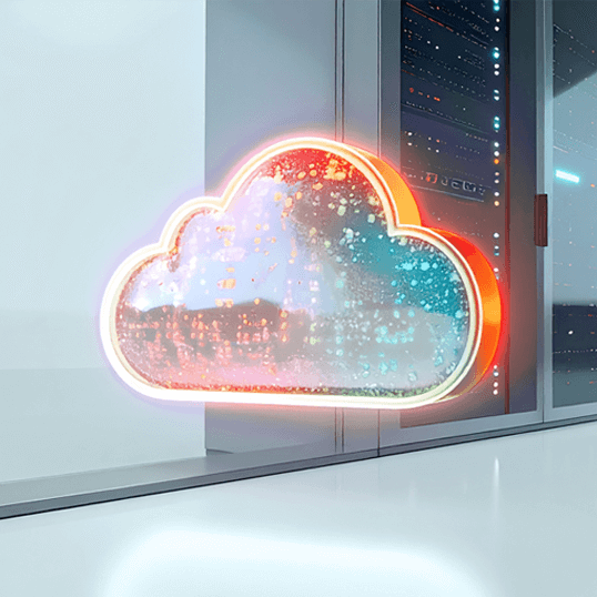 A glowing cloud security icon floats in front of glass doors leading to a server room with visible computer racks inside.