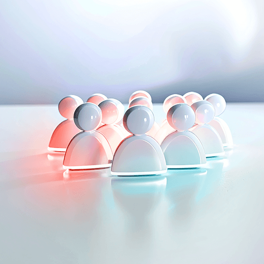 A group of abstract, glossy figures resembling human icons with blue and red lighting on a reflective surface, symbolizing Identity & Access Management.