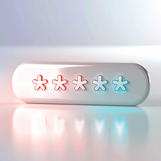 A white, rounded rectangular object displays five asterisks—first three glowing red, last two glowing blue—on a reflective surface, evoking the visual language of Identity & Access Management security prompts.