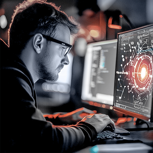A person wearing glasses works at a computer with multiple monitors displaying complex data visualizations and pen testing results in a dimly lit room.