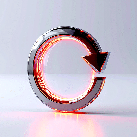 A metallic circular arrow with a glowing red light effect, symbolizing Penetration Testing, is positioned upright on a smooth, light-colored surface against a plain background.
