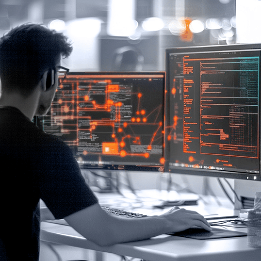 A person sits at a desk working on multiple computer monitors displaying code and network diagrams while conducting Penetration Testing in a modern office environment.