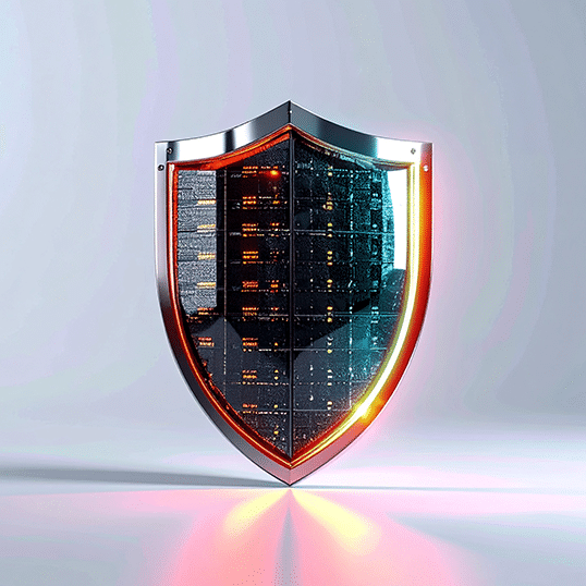 A metallic shield with a transparent center reveals computer servers and glowing lights, symbolizing cybersecurity, data protection, and the robust defense provided by Penetration Testing.