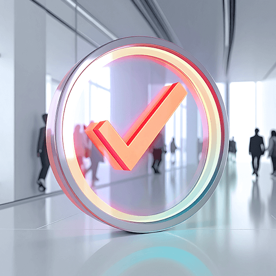 A large, glowing 3D check mark symbolizing Cloud Security is displayed inside a circular frame in a modern office hallway, with blurred silhouettes of people in the background.