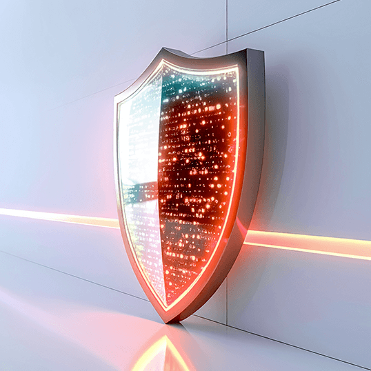 A digital shield with glowing lights and code patterns is mounted on a sleek, reflective wall, symbolizing cloud security and digital protection.