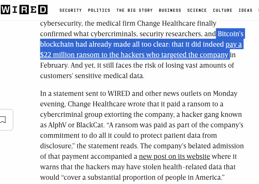 Screenshot of a WIRED article discussing Change Healthcare paying a  million ransom to hackers, with a highlighted sentence referencing Bitcoin's blockchain confirming the payment.
