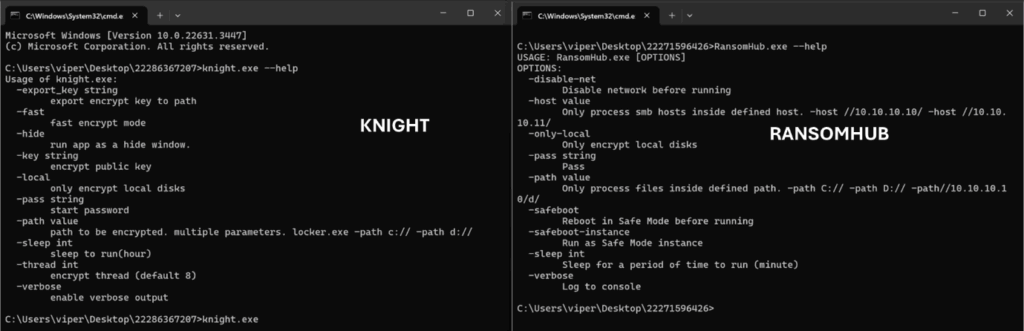Two command prompt windows display help menus for two different ransomware executables, 