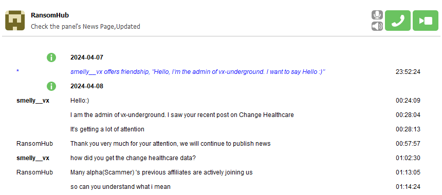 Chat interface showing a conversation about healthcare data, with one user introducing themselves as the admin of vx-underground and discussing the attention their post received.