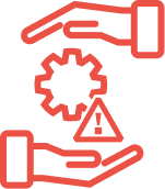  Two red outlined hands surround a gear and a warning symbol with an exclamation mark, representing risk management or safety precautions in a technical context, such as Threat-Led Defense or pen testing.
