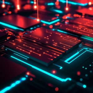 Close-up view of a futuristic computer circuit board, illuminated by glowing red and blue lights and digital linesβan ideal visual for showcasing Continuous Threat Exposure Management (CTEM) in advanced technology systems.