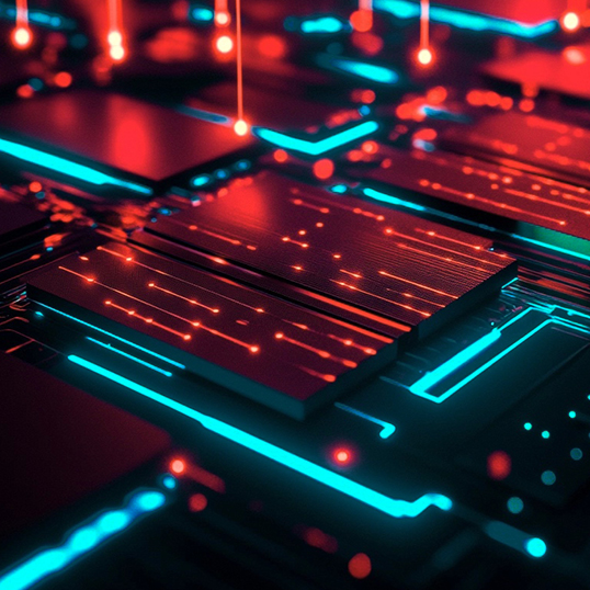  Close-up view of a futuristic computer circuit board, illuminated by glowing red and blue lights and digital lines—an ideal visual for showcasing Continuous Threat Exposure Management (CTEM) in advanced technology systems.