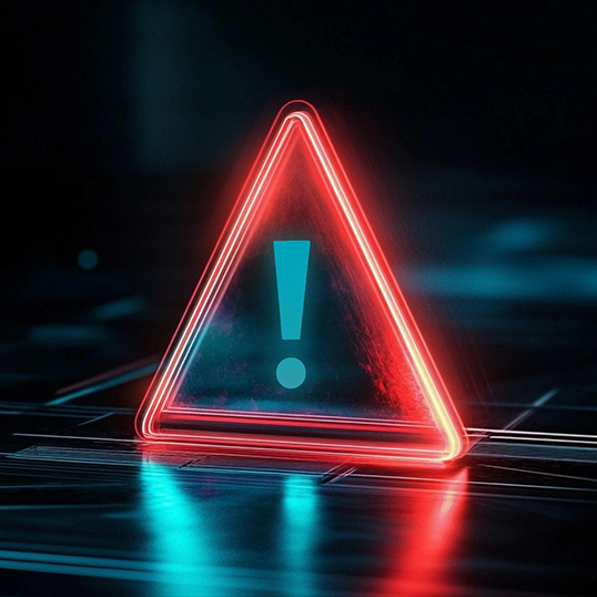  A glowing red neon triangle with an exclamation mark in the center, displayed on a dark digital background, symbolizes the urgency and importance of Continuous Threat Exposure Management (CTEM).