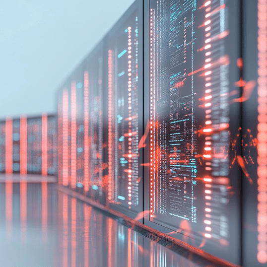  Row of modern server racks with illuminated red and blue data lights, reflecting on a polished floor in a data center, emphasizing advanced Data Security.