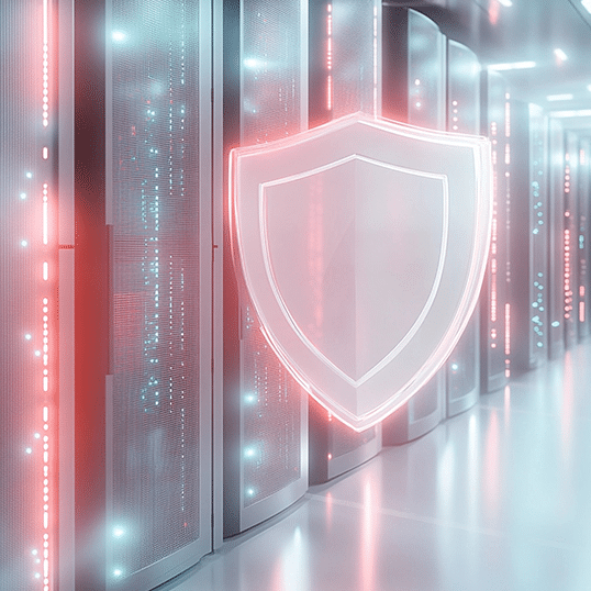  A glowing shield icon is superimposed over a row of illuminated server racks in a data center, symbolizing data security and protection.