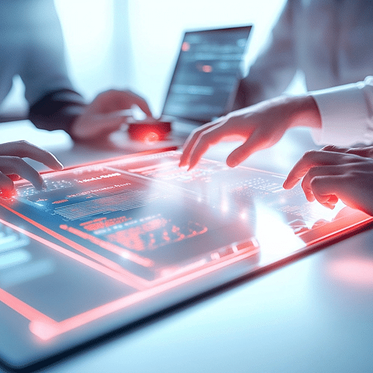  Three people interact with a glowing, transparent digital touchscreen displaying data and graphs, emphasizing data security, with a laptop and other electronic devices in the background.
