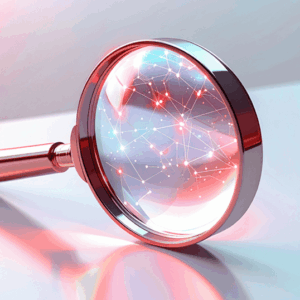 A magnifying glass resting on a surface with digital network lines and nodes reflected in its lens, symbolizing pen testing at the core of modern threat-led defense.