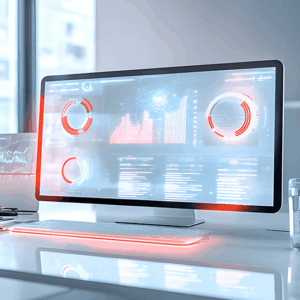 A modern computer monitor on a desk displays digital data visualizations, including charts, graphs, and pen testing results, in a bright office setting.