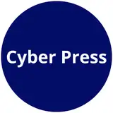 A solid dark blue circle with the words "Cyber Press" in bold white text centered inside, evoking themes of hackers and cybersecurity.