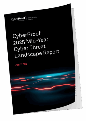  The cover of the "CyberProof 2025 Mid-Year Cyber Threat Landscape Report," featuring abstract light trails and a black background, reflects the dynamic nature of cyber security in today's evolving digital landscape.