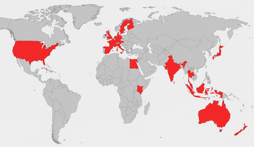 World map with selected countries highlighted in red, including the United States, several in Europe, Egypt, India, Kenya, Indonesia, Thailand, Vietnam, Malaysia, and Australia—regions impacted by usb cryptomining attack alerts.