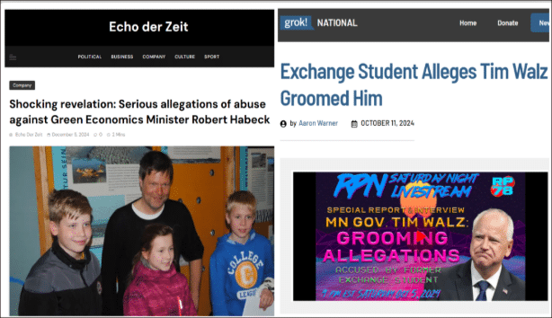 A collage shows headlines alleging abuse by politicians in the DACH-Region, an image of a man with children, and graphics about grooming allegations involving Tim Walz.