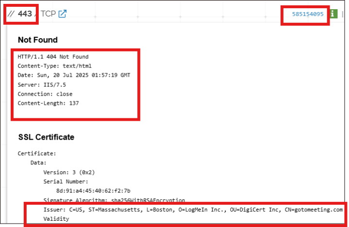 A screenshot shows a 404 Not Found error, SSL certificate details, port 443, number 585154995, and certificate issuer information for LogMeIn, DigiCert, and gotomeeting.com.
