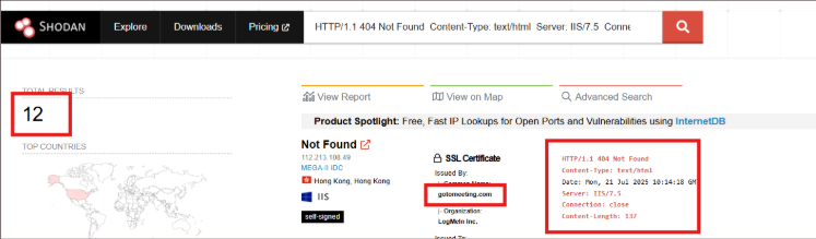 A Shodan search result shows a 