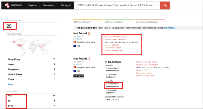 Screenshot of a Shodan search result showing 20 total results, top ports 80 and 8443, and HTTP 404 Not Found details for servers in various countries.