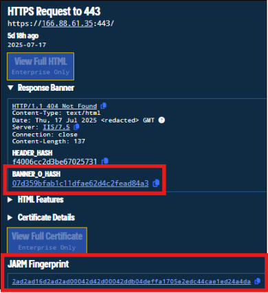 A screenshot of a cybersecurity tool displaying HTTPS request details, including BANNER_Q_HASH and JARM Fingerprint highlighted in red boxes.