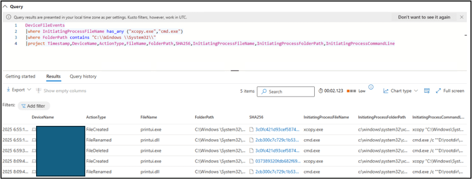 A computer query interface displays a list of device file events filtered for 