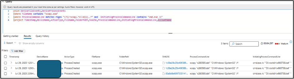 A screenshot shows a query in a log analysis tool returning process creation events for 