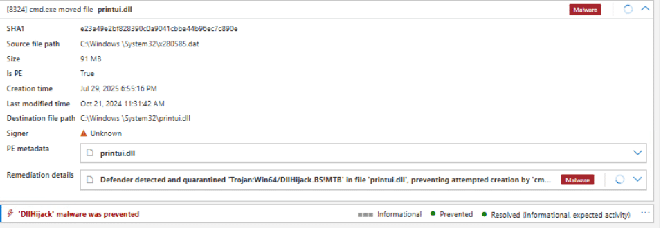 A screenshot shows a security alert indicating detection and quarantine of Trojan:Win64/DllHijack.BSM!MTB in the file 