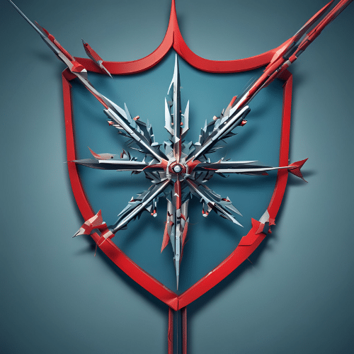  A blue shield with a red border displays a metallic snowflake design in the center, symbolizing SOC cyber security, surrounded by sharp, arrow-like elements.