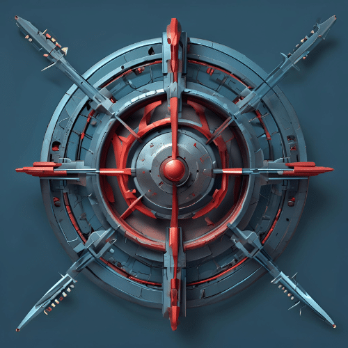  A futuristic, circular mechanical device with red and blue segments evokes the precision of SOC cyber security, featuring four extended arms forming an “X” shape, displayed against a solid blue background.