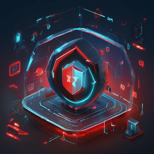  A digital illustration of a glowing shield symbol inside a hexagonal frame, surrounded by floating tech icons and neon red and blue lighting, representing cybersecurity.