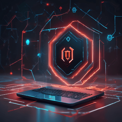  A laptop sits on a surface with a digital hexagon and shield icon on its screen, surrounded by glowing red and blue circuit-like graphics.