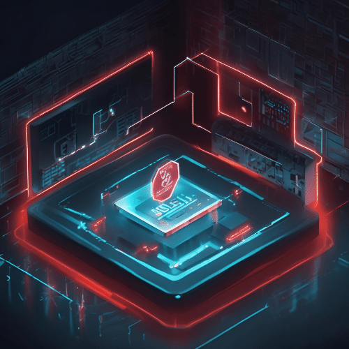  A glowing computer chip sits at the center of a circuit board, surrounded by red and blue neon lights and futuristic digital elements.