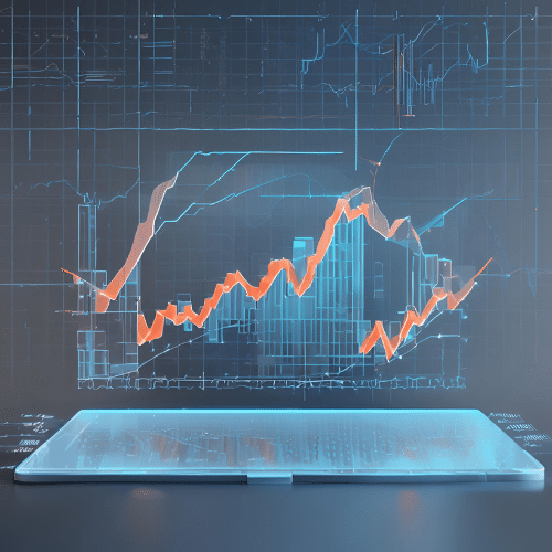  A digital tablet displays a glowing 3D graph with fluctuating lines and bar charts, representing SOC cyber security financial or data analysis on a dark background.