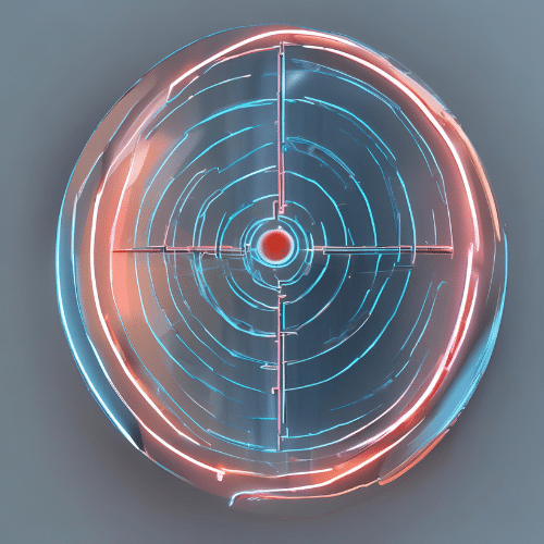  A circular neon target with concentric rings and a red center, outlined in blue and red light, on a gray background—symbolizing precision in SOC cyber security.