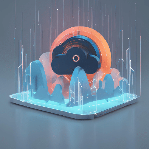  A 3D illustration of a dark cloud and orange ring over abstract blue mountains, with digital lines and glowing effects evoking SOC cyber security or digital data in a cloud computing environment.