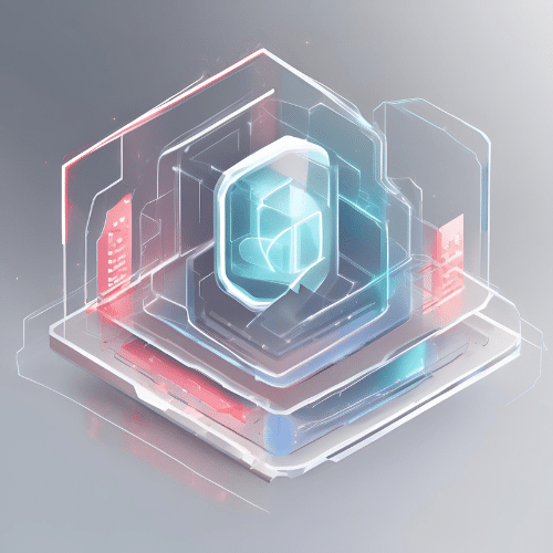  A translucent, futuristic digital interface with layered hexagonal shapes and glowing blue and red accents, resembling abstract data visualization or SOC cyber security technology.