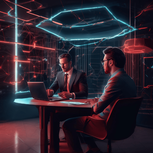 Two men in business attire sit at a round table with a laptop, surrounded by futuristic neon lights and digital network graphics in a dark office setting.