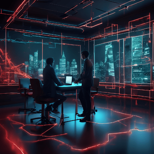  Two professionals in a modern office with neon lighting review data on laptops, with a city skyline and digital graphics visible through large windows.