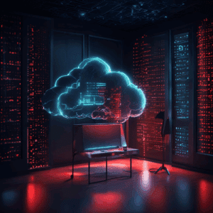 A glowing cloud hologram labeled 
