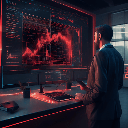  A man in a suit analyzes complex financial data and graphs on a large digital screen in a modern, dimly lit office.