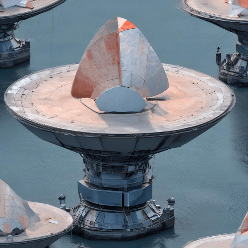  A large satellite dish with an orange and white cover partially open, surrounded by similar satellite dishes on a flat surface.