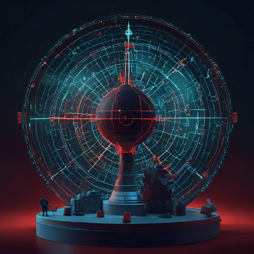  A futuristic digital radar display with a central tower, glowing circular interface, and small human figures around the base in a dark, sci-fi setting.