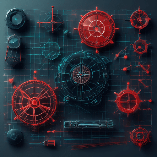  Blueprint-style diagram featuring various mechanical gears and components in red and blue hues, arranged on a dark grid background.